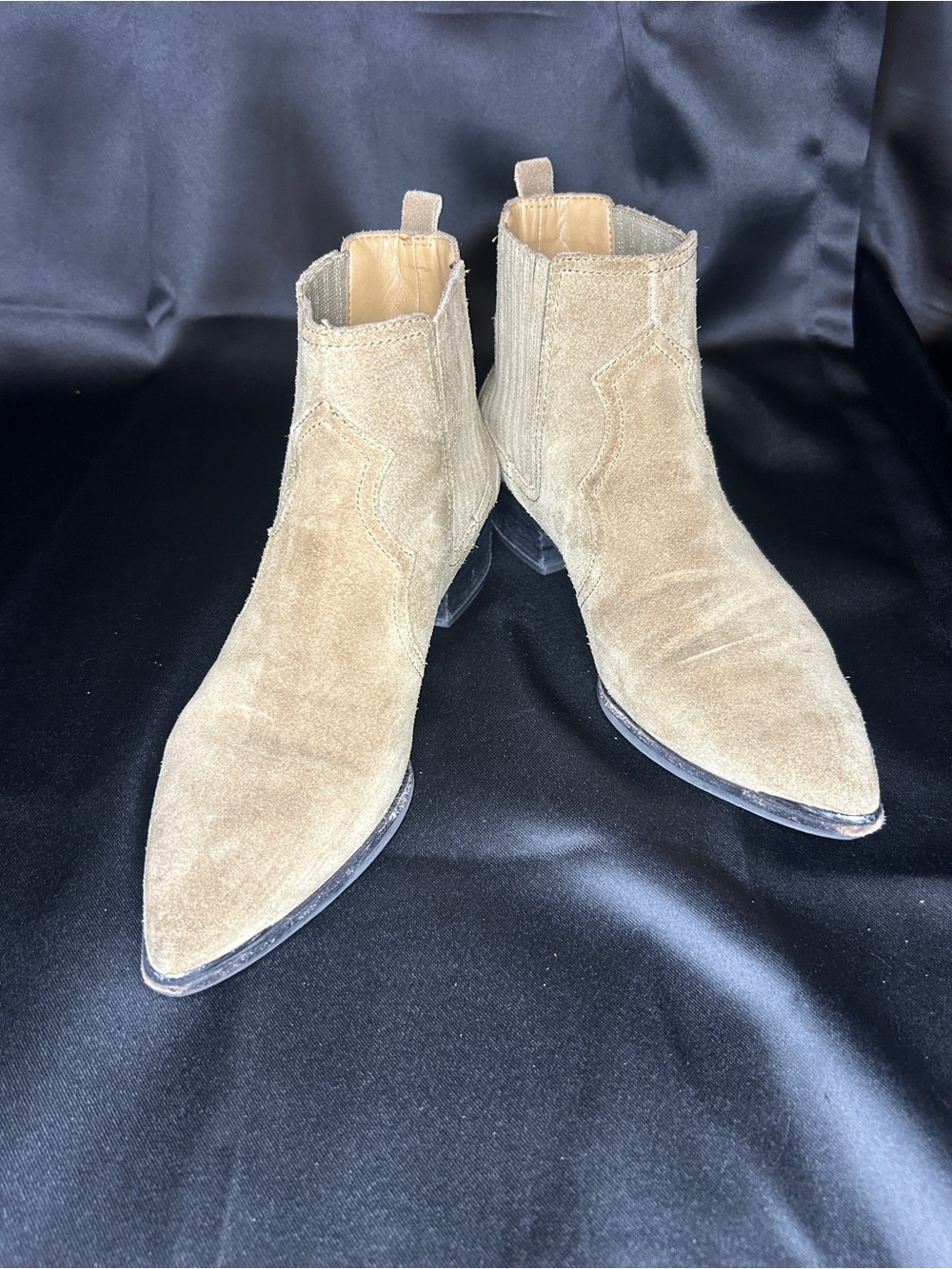 Marc Fisher Light Taupe Suede Pointed Chelsea Ankle Boots
